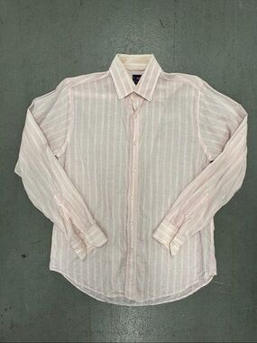 T. Harris Men's Light Pink Striped Button-Down Linen Shirt Size M